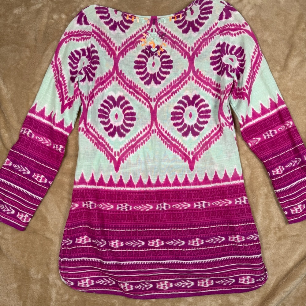 Calypso St Barth Tunic Top Purple Mint Ikat Embroidered Tassel Trim Small - Picture 2 of 7